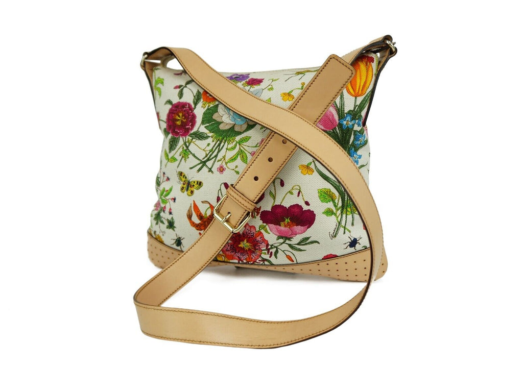 GUCCI Multicolor Flora Printed Canvas Leather Brown Crossbody Shoulder Bag